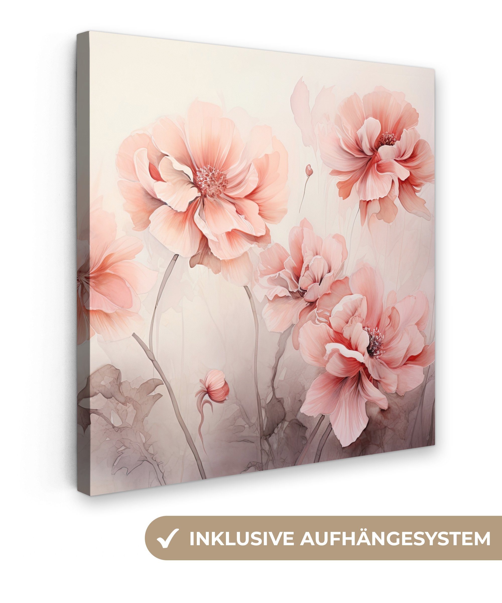 Aquarell, Kunst - - für Wohnzimmer OneMillionCanvasses® Leinwand Schlafzimmer, 20x20 Abstrakt - Bilder St), (1 cm Leinwandbild Rosa - Blumen