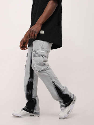 Denim House Loose-fit-Jeans Herrent Jeans Boot-Cut Cargo Jeans mit Farbeffekten Grau W29/L34