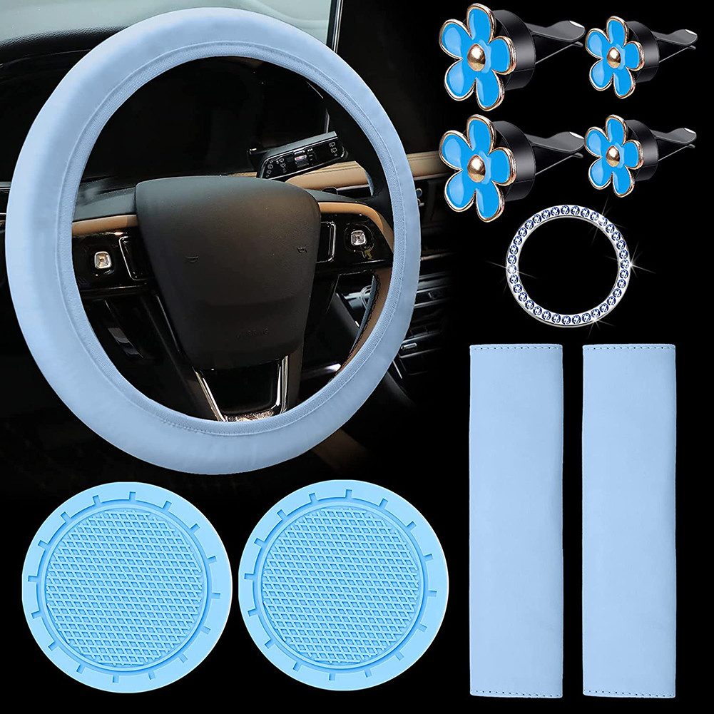 GarveeMore Lenkradbezug 10 Stück Auto Zubehör Set, Leder Lenkrad Abdeckung, Auto Zubehör Set