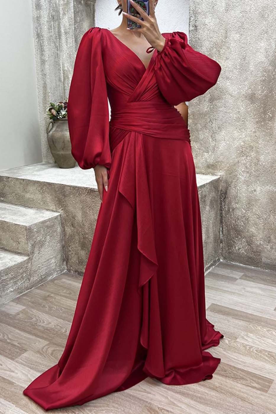 KIKI Abendkleid Damen-Abendkleid–elegantes langes Satinkleid – plissiertes Abendkleid