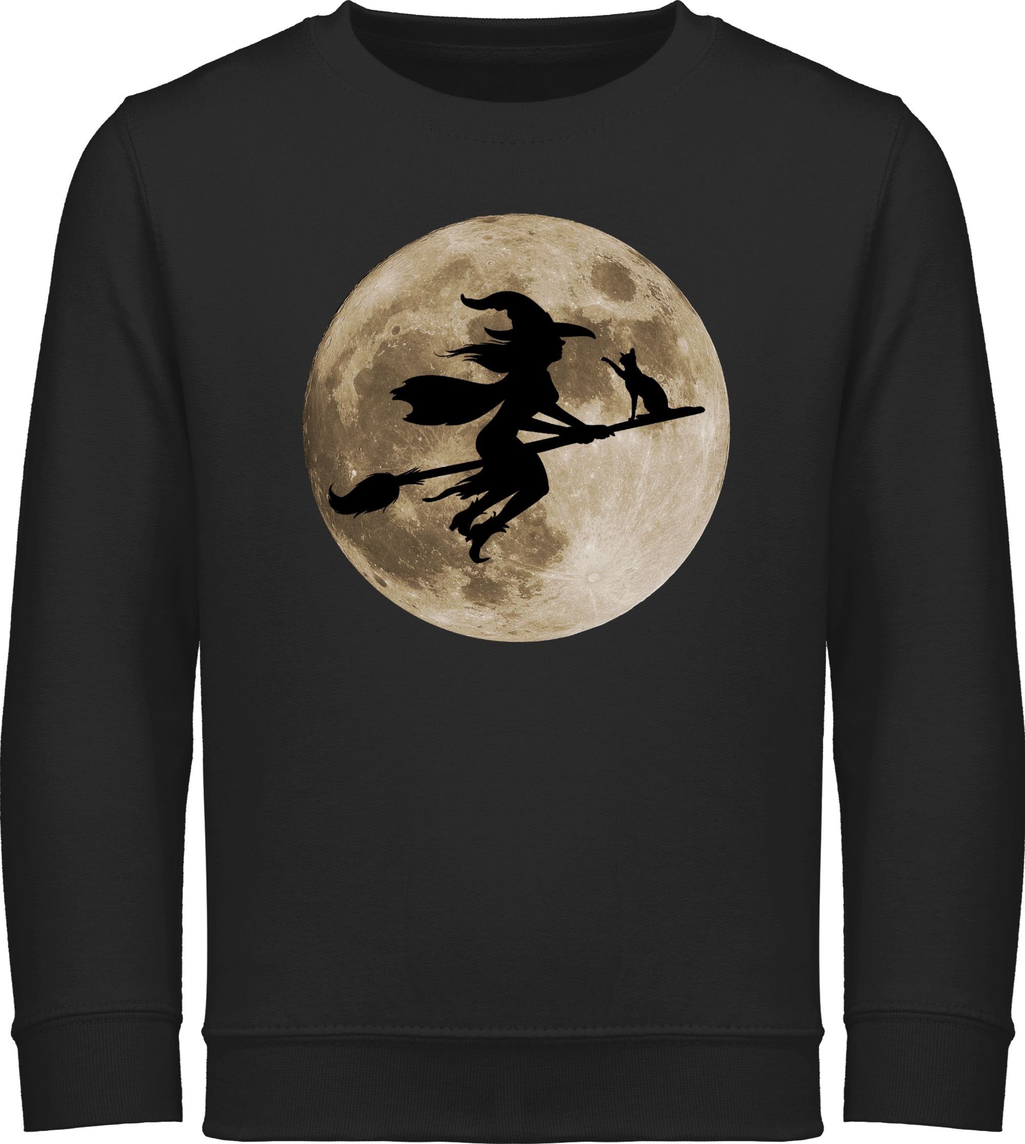 Shirtracer Sweatshirt Hexe Halloween Hexen auf Besen Vollmond Katze Witch Mond Halloween Kostüme für Kinder 2 Schwarz