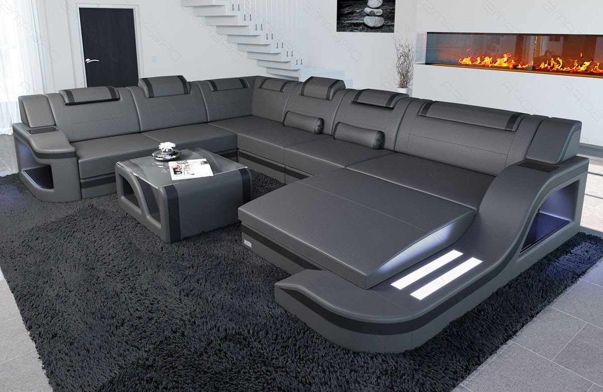 Sofa Dreams Wohnlandschaft Ledercouch Sofa Leder Palermo XXL U Form Ledersofa, Couch, mit LED, wahlweise mit Bettfunktion als Schlafsofa, Designersofa