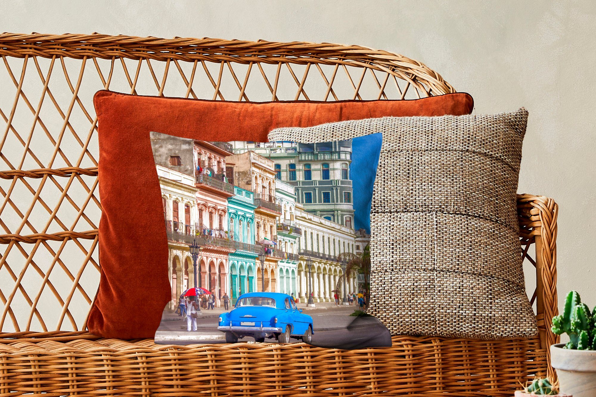 Wohzimmer, bei Sofakissen Deko, Farbenfrohe Kuba Dekokissen mit Zierkissen MuchoWow Nordamerika, in für Füllung spanische Architektur Schlafzimmer,