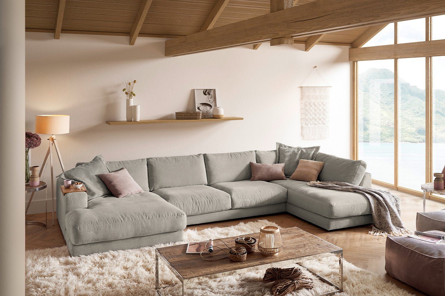 KAWOLA Wohnlandschaft MADELINE, Sofa U-Form Cord, Longchair rechts od. links, versch. Farben steingrau