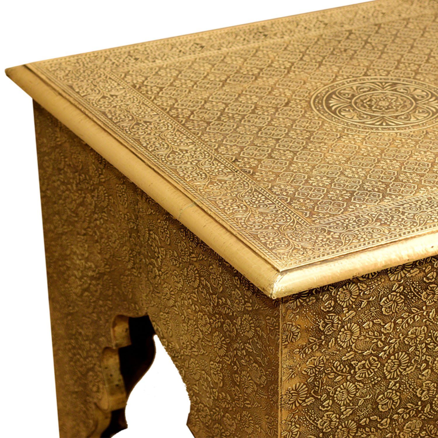 Casa Moro Beistelltisch Couchtisch Beistelltisch Ziertisch Messing 46 cm x 46 cm (1-St., mit filigranen Messing komplett verkleidet), in Antik-Gold Look Vintage Sofatisch