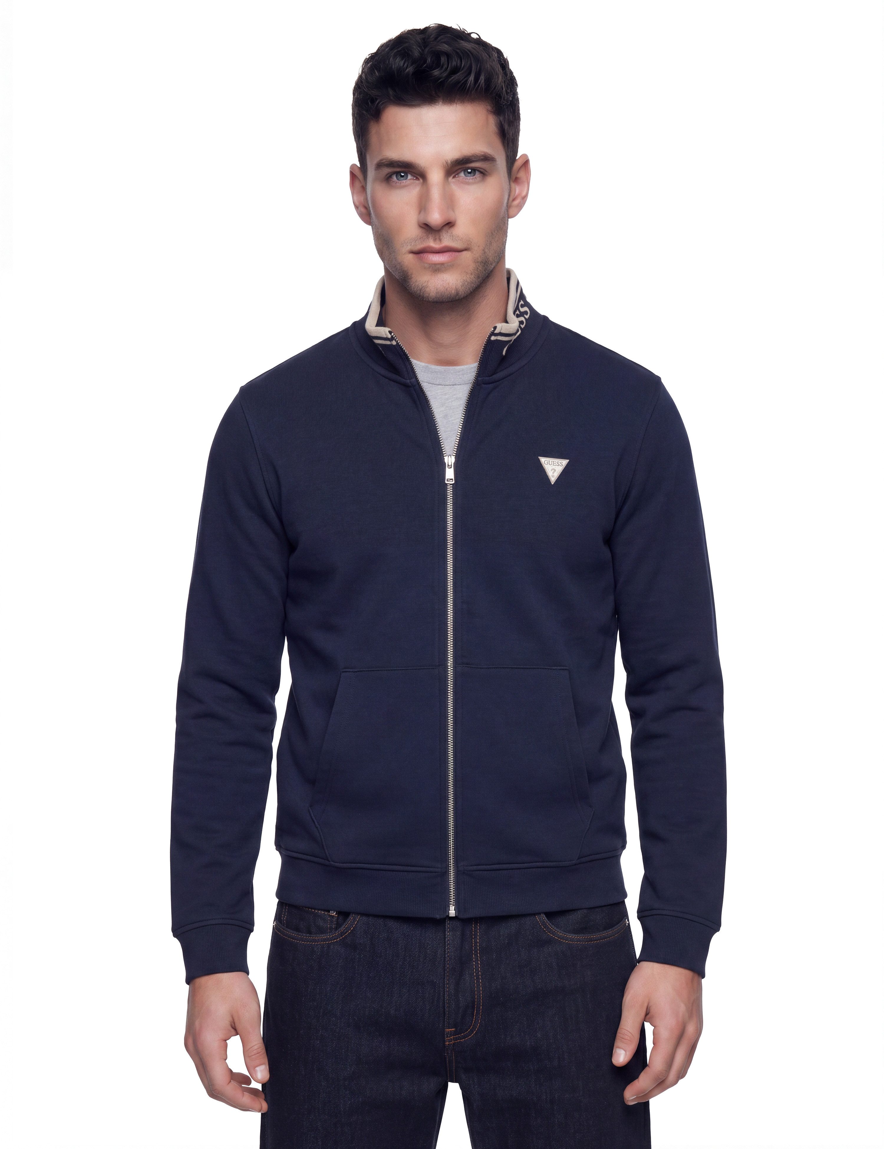 Guess Sweatjacke FULL ZIP-UP TRUCKER Stehkragen mit GUESS-Schriftzug, Kängurutasche