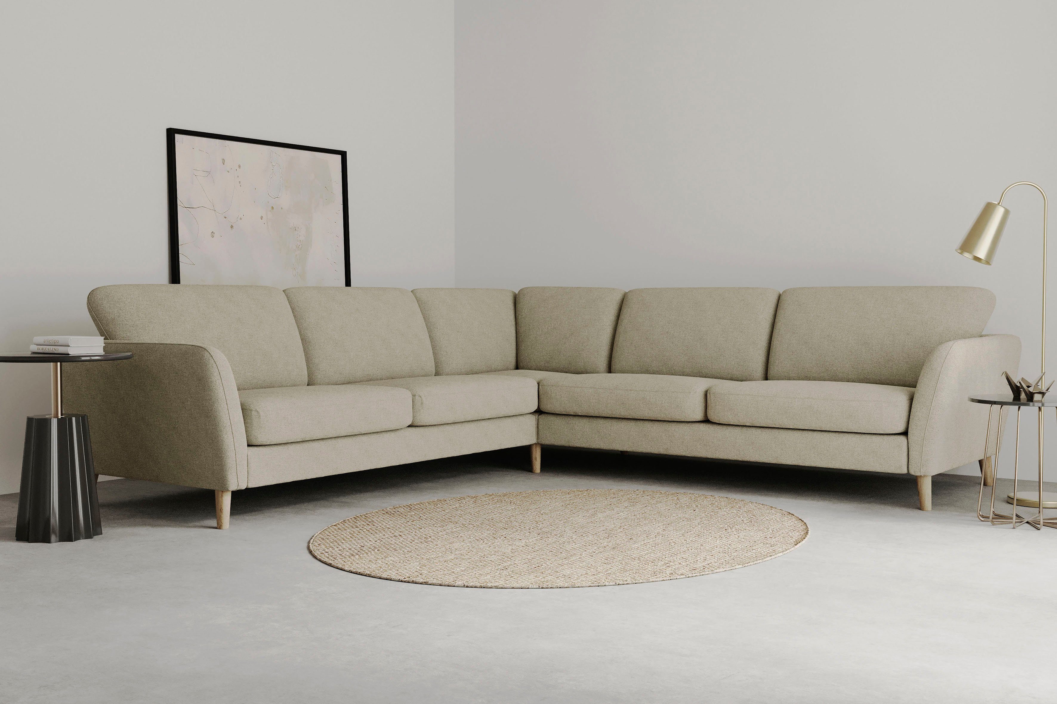 Home affaire Ecksofa MARSEILLE 278/278 cm, L-Form, Webstoff, Flachgewebe, Filzoptik, gleichschenklig, Massivholzbeine, Landhausstil, Wellenunterfederung