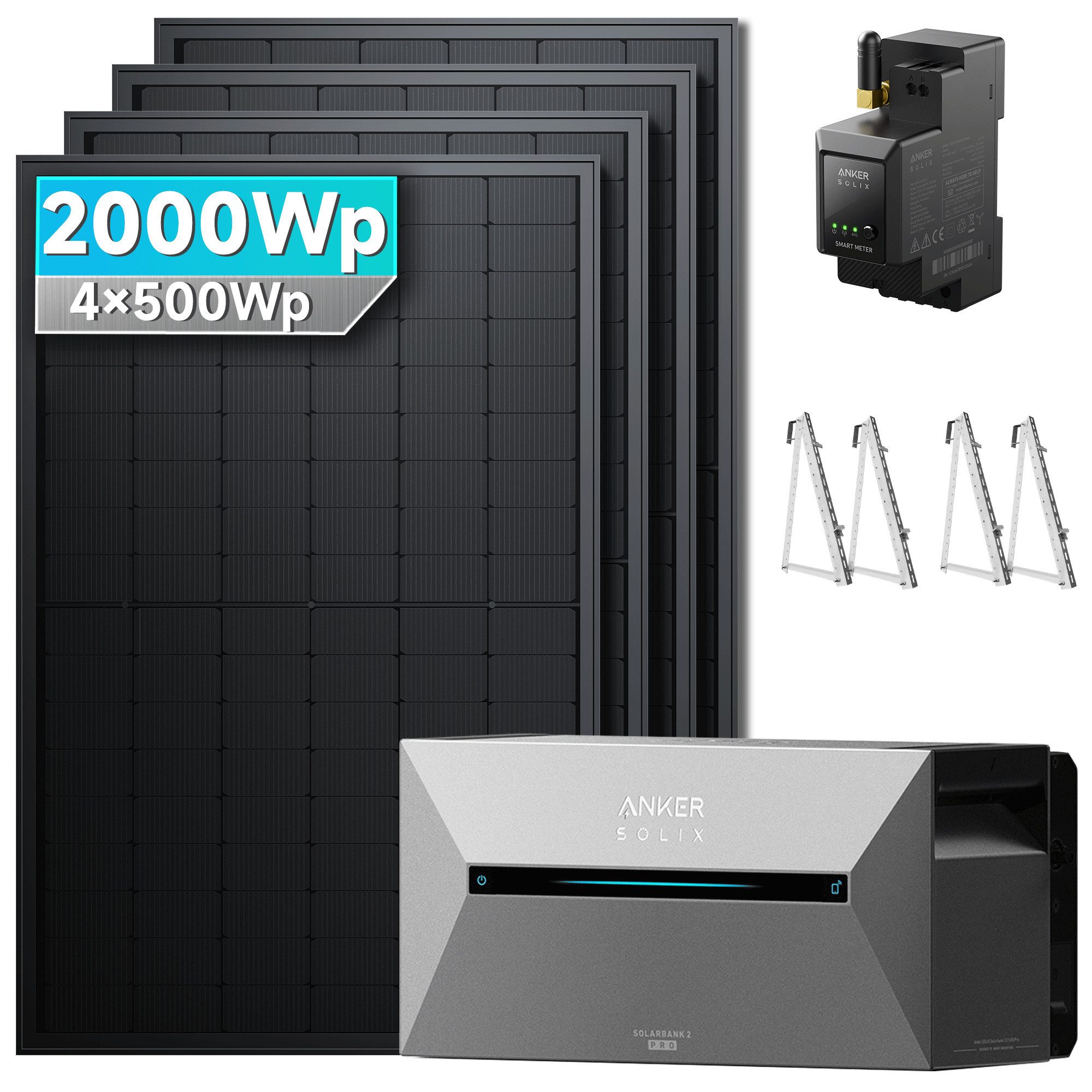 SolarMars Balkonkraftwerk 2000W mit Speicher Anker Solix Solarbank 2 E1600 Pro + BP2700, 2000 W, (Balkon/Flachdach Halterung×4), 0% MwSt