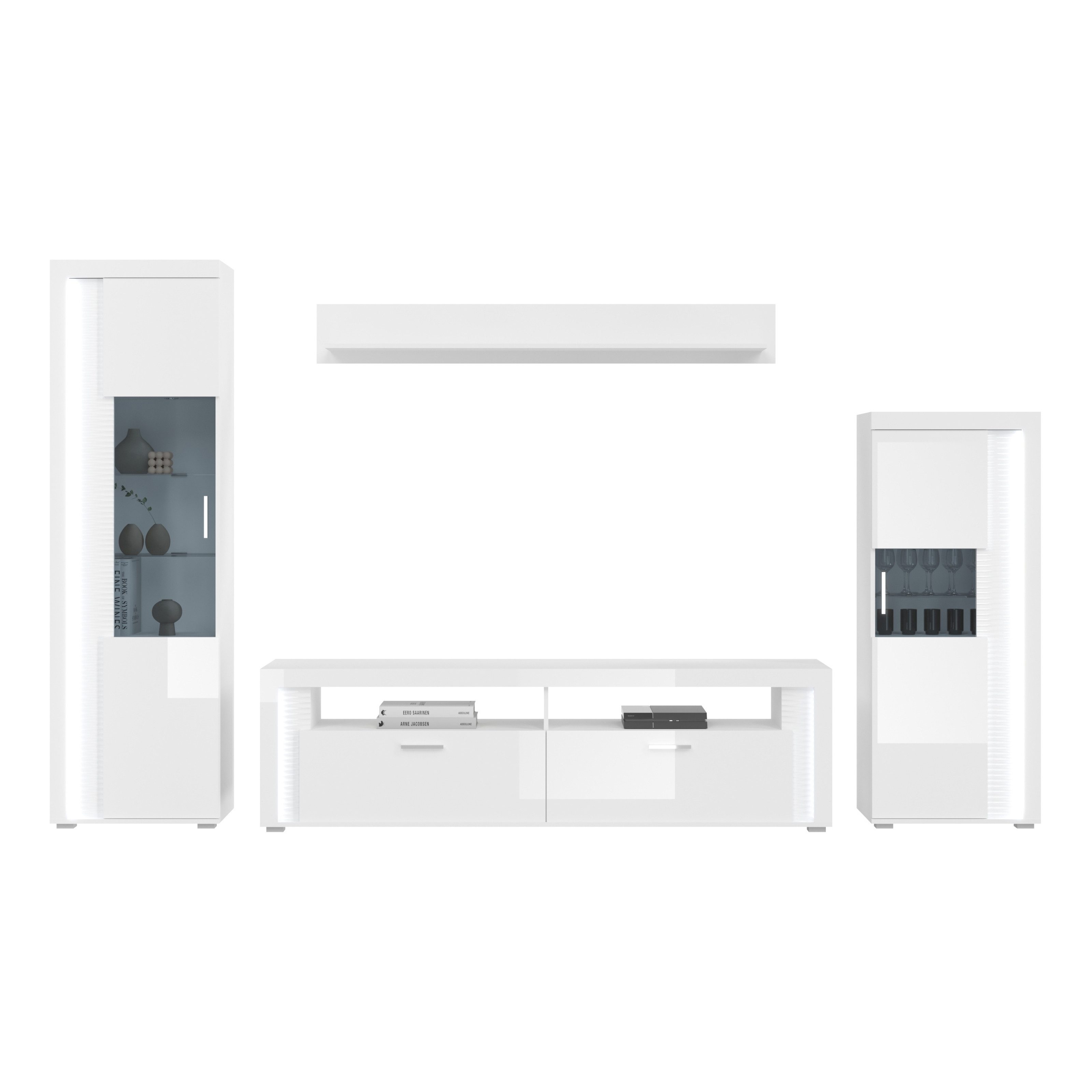 furnling Wohnzimmer-Set Stanley, (4-St., Lowboard, Wandboard, Vitrine, Vitrine halbhoch), Breite 351 cm, Hochglanz Front, Frontbeleuchtung, Wohnzimmermöbel
