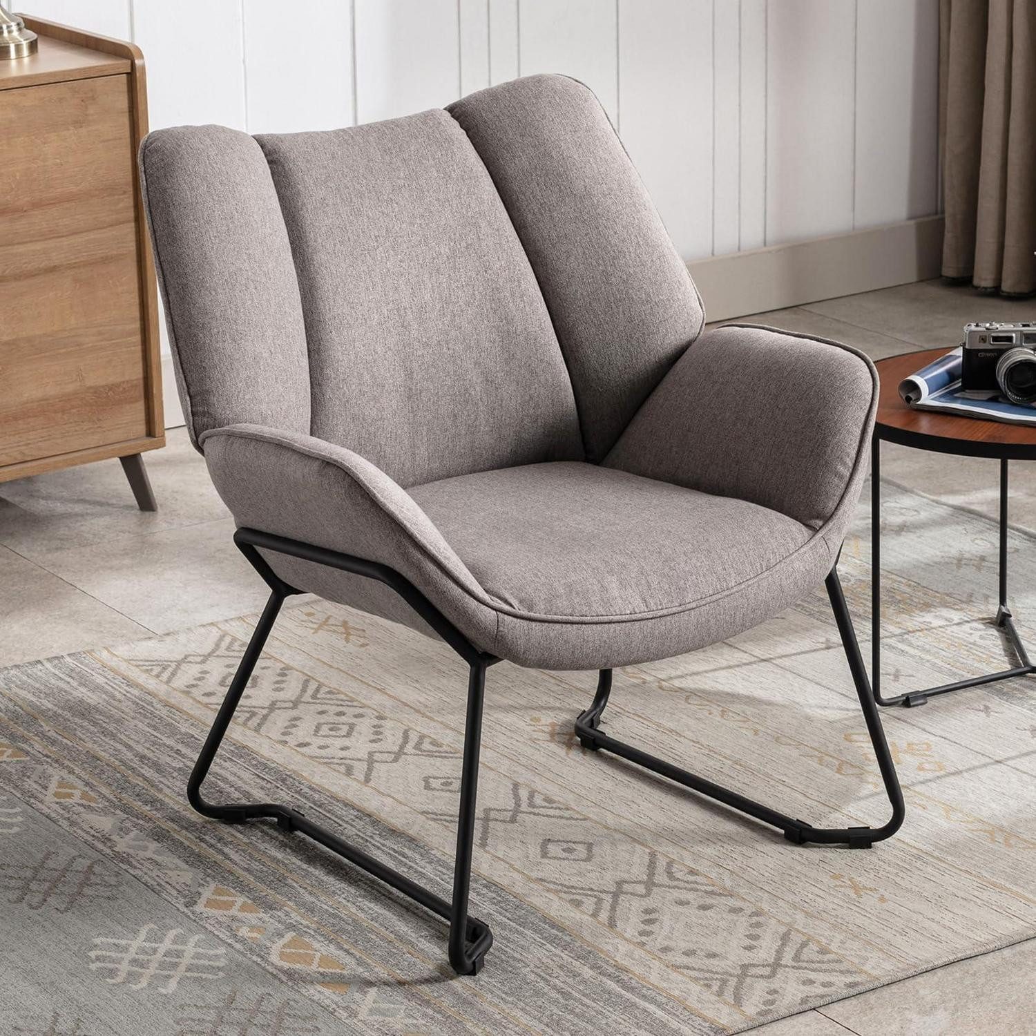 LuxusKollektion Loungesessel Sessel Loungesessel Ohrensessel Metallbeine Leinen Grau