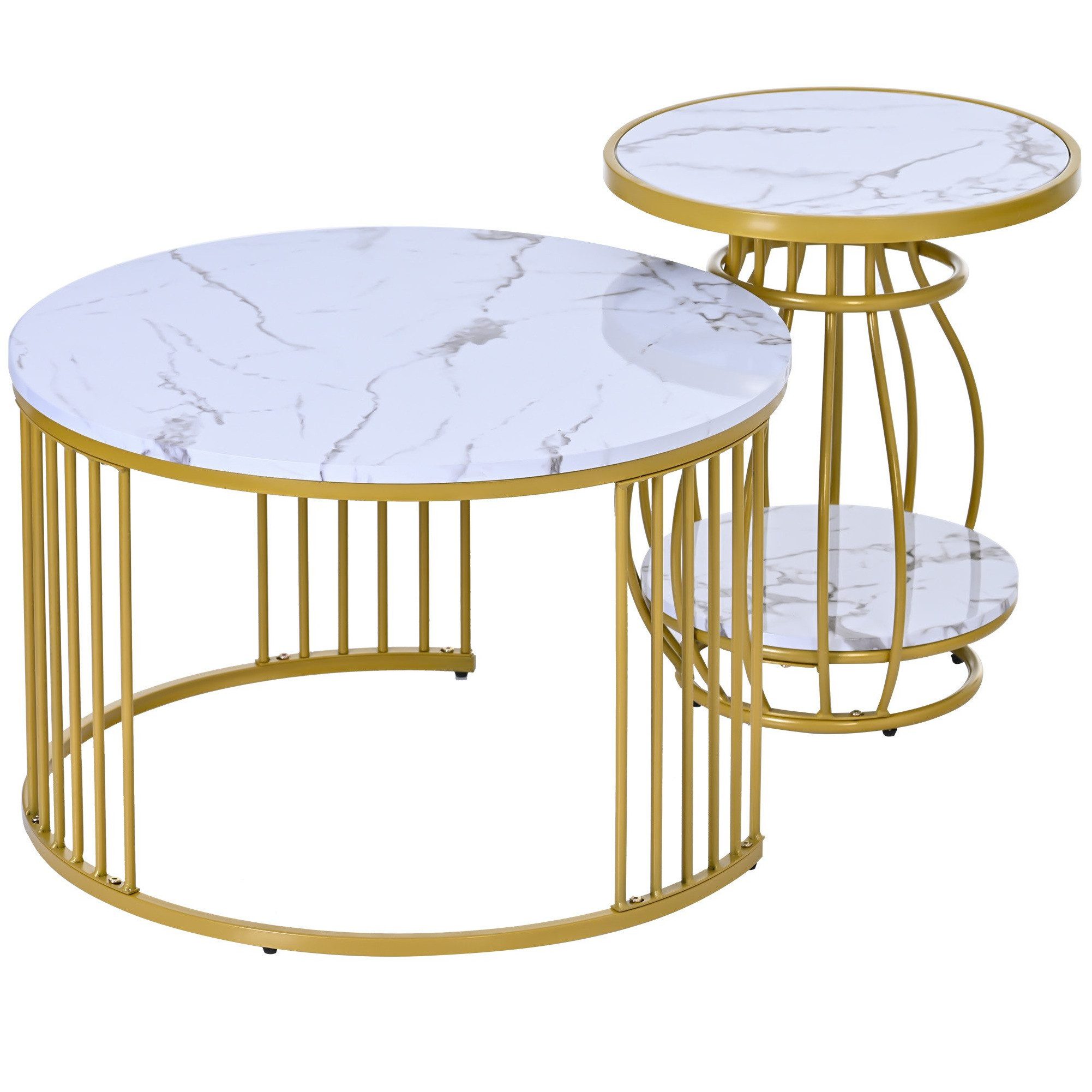 Couchtisch Couchtisch 2erSet rund mit Metallgestell Beistelltisch Weißgold Marmor