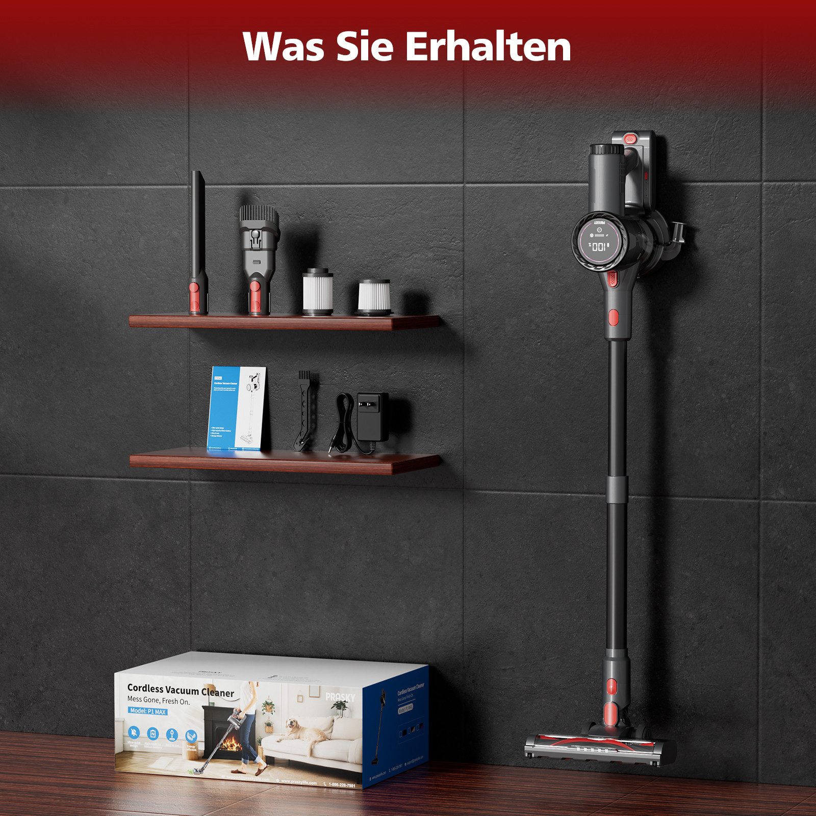 PRASKY Hand-und Stielstaubsauger P1MAX Akku-Staubsauger 45 kPa, freistehend, für Teppich & Hartboden, 550 W, mit Beutel, Geräuschpegel schwarz