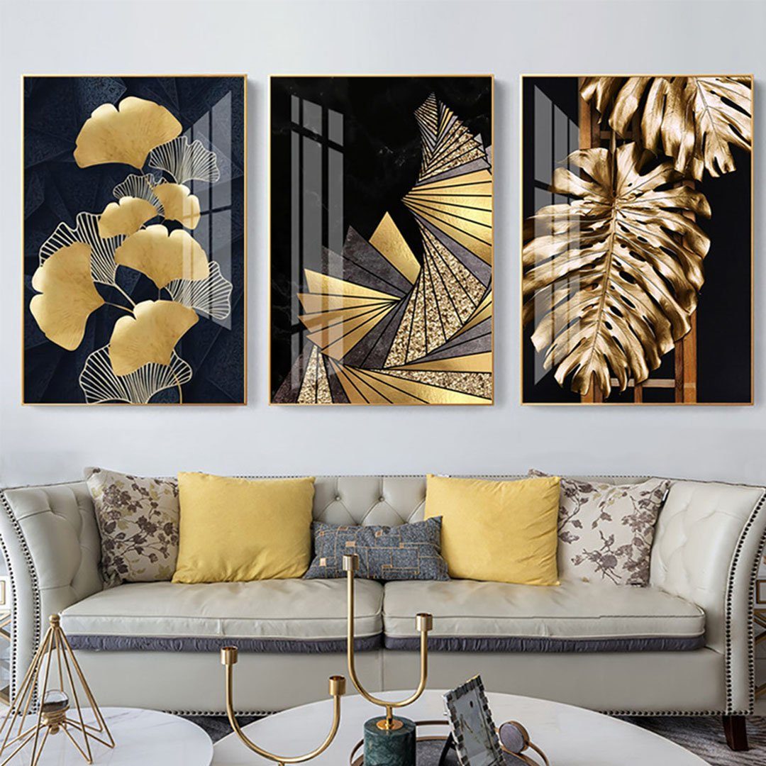 L.Ru UG Kunstdruck Moderner einfacher kleiner frischer goldener Blattpflanzen-Malkern, (3 St), Blattschlafzimmerhintergrund-Wanddekorations-Malereikern