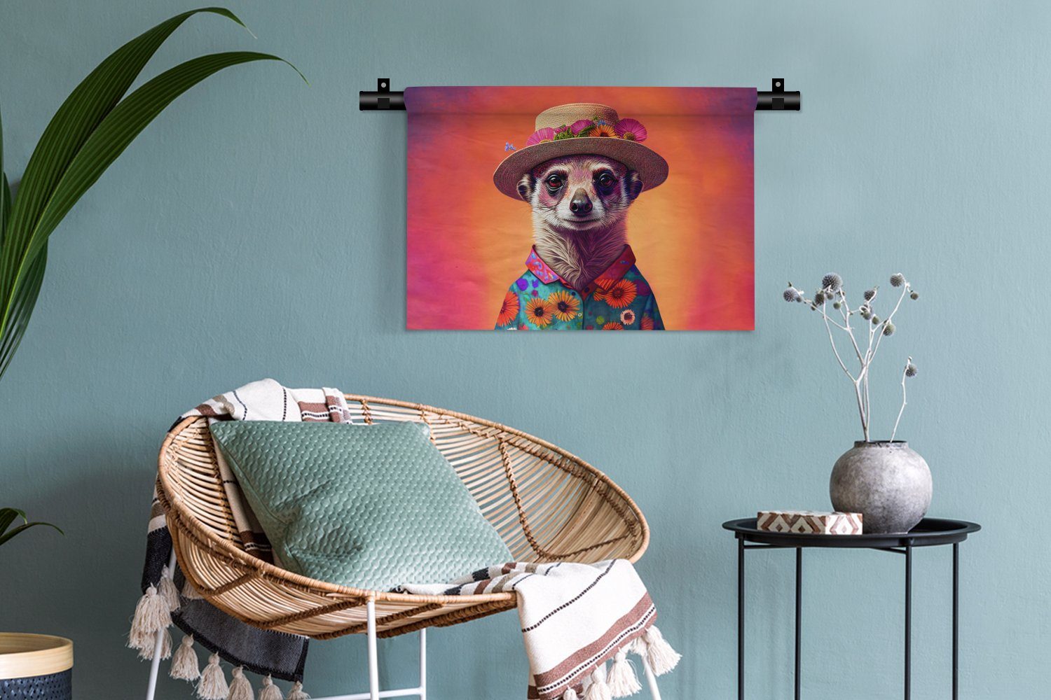 Hut Porträt Tiere - Wanddeko Erdmännchen, Blumen Kleid, Wanddekoobjekt - Erdmännchen Wandbehang, - - Kinderzimmer - Schlafzimmer, Wohnzimmer, MuchoWow für