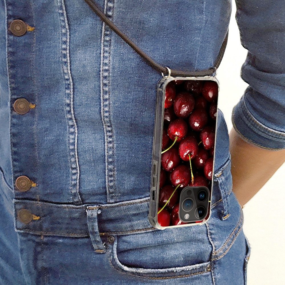 MuchoWow Handyhülle für Apple iPhone 14 Pro Rot - Obst - Kirsche, Tragbare Handyhüllen mit Kette zum umhängen, Handykette Handyband