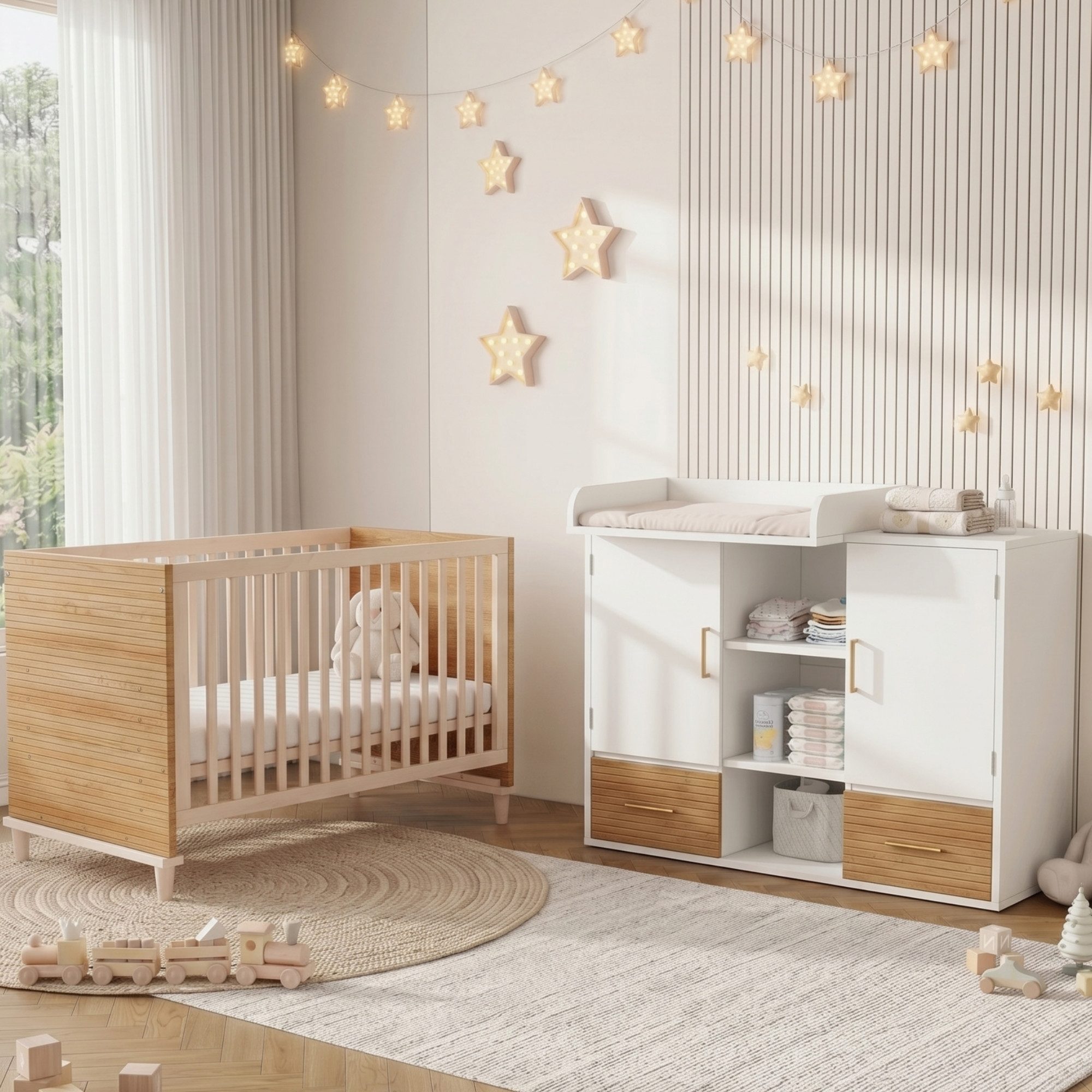 MIBODE Babymöbel-Set Wickeltisch & Babybett Set, Kinderzimmermöbel, Naturholz