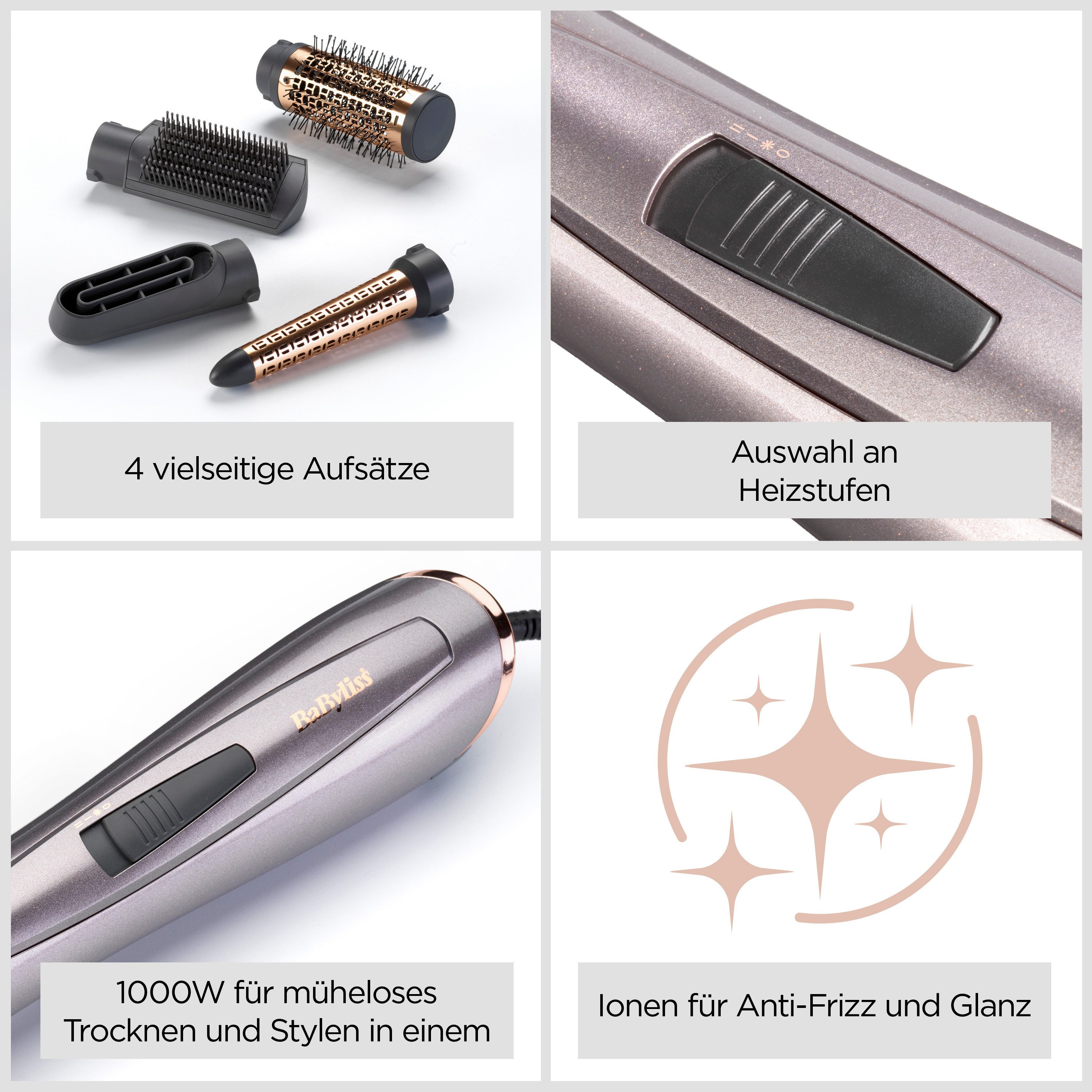 BaByliss Warmluftbürste Air Style 1000 Warmluftbürste mit 4 Aufsätzen, 1000W, AS136E, 4-in-1 Styler zum Föhnen, Glätten, Locken und für Volumen, Ionen