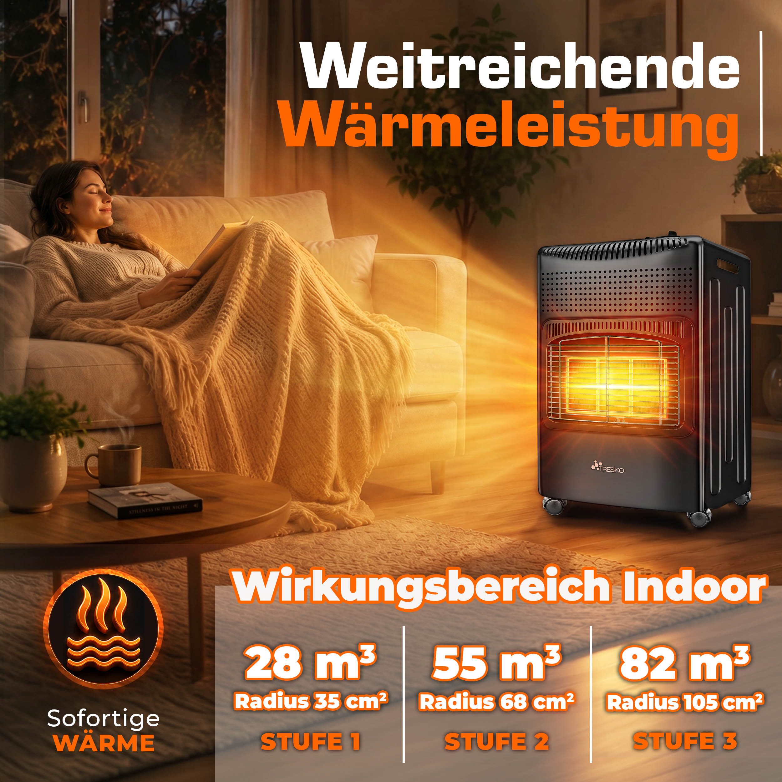 TRESKO Heizstrahler 4200 W Gasheizung + Abdeckung Gasheizer 3 Stufen Gasofen Gasheizofen