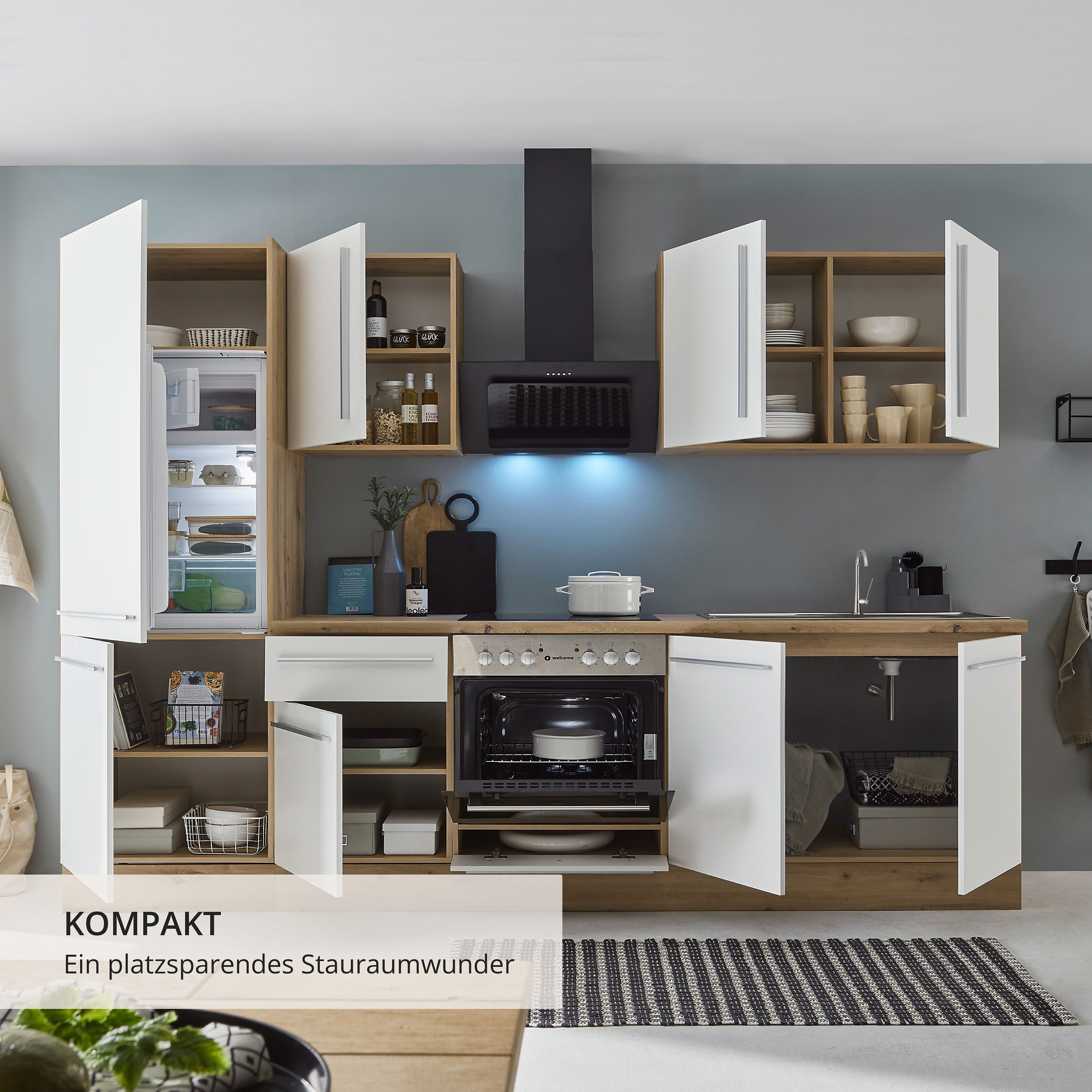 KOCHSTATION Küchenzeile KS-Florida mit 38mm starker Arbeitsplatte, Breite 270 cm, wahlweise mit E-Geräten, Soft-Close-Funktion