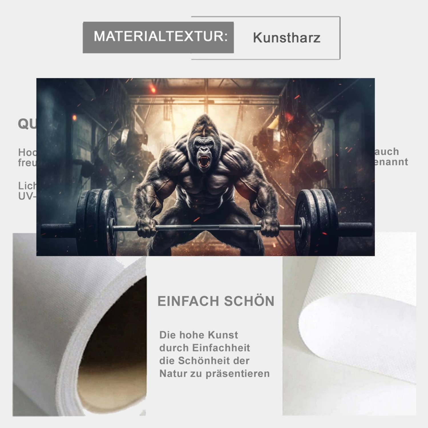 TPFLiving Kunstdruck OHNE RAHMEN, Graffiti Gorilla Barbell Leinwand Malerei (Leinwandbild XXL), Farben: Farben: schwarz, rot, blau -Größe: 20x40cm