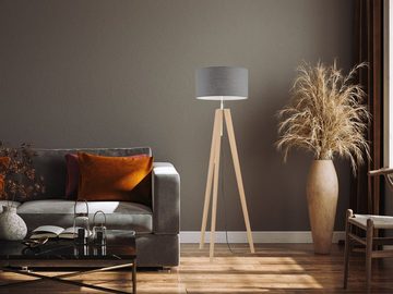 meineWunschleuchte LED Stehlampe, höhenverstellbar, LED wechselbar, Warmweiß, Dreibein Holz-Lampe dimmbar mit Leinen Lampenschirm Grau, 140-164cm