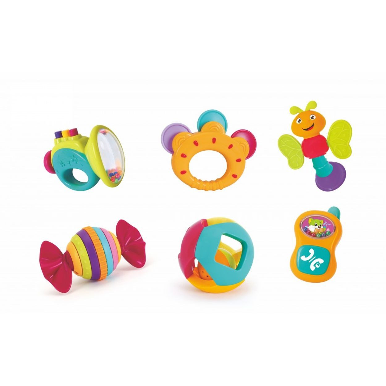 Moni Stabrassel Set Rock 939A 6-tlg., 6 Teile, Greifling, Handy, Ball, Schmetterling, Bonbon, ab 3 Monaten