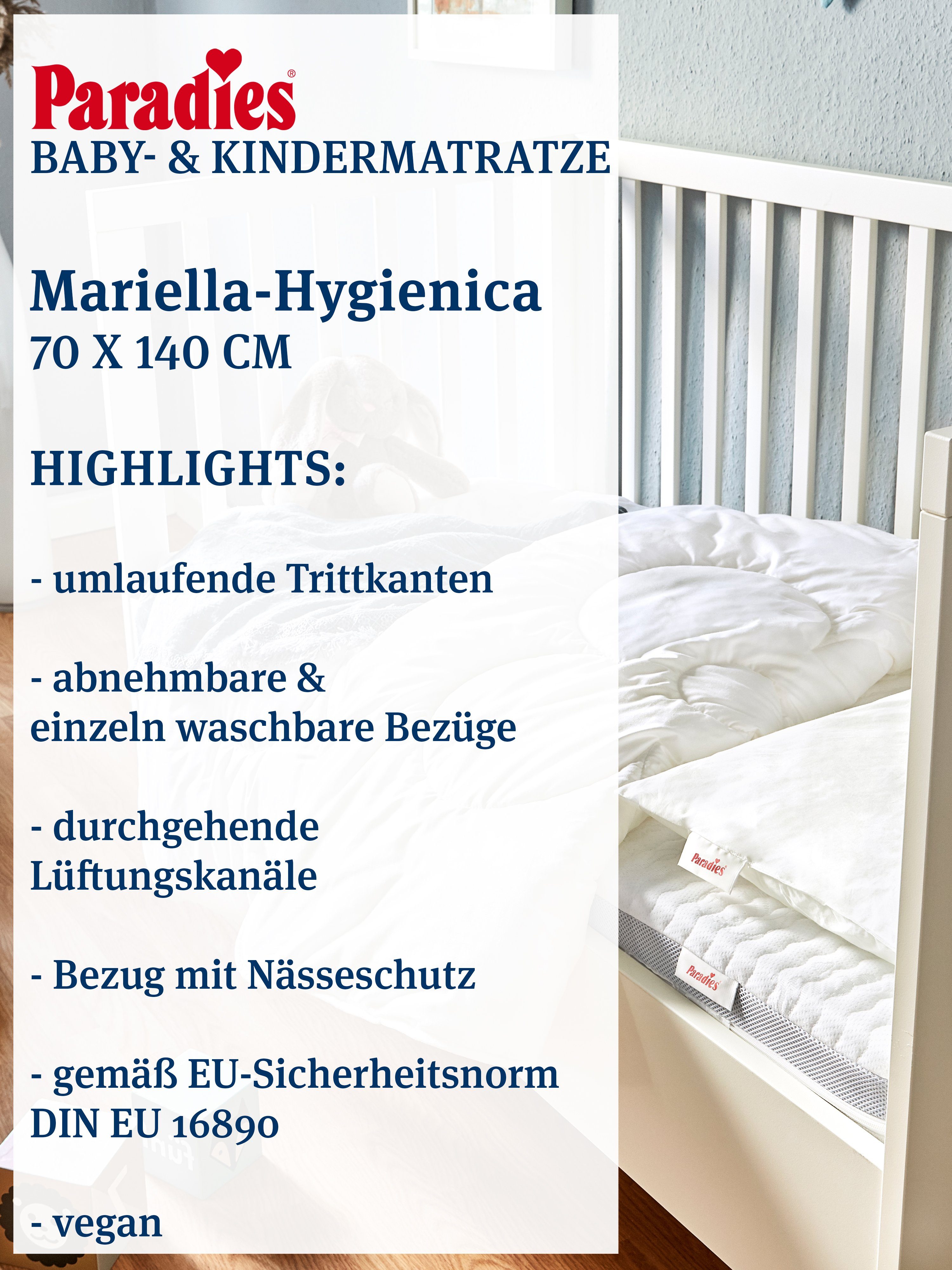 Babymatratze Mariella-Hygienica®, Paradies, 9.5 cm hoch, vegan, Testsieger  Note "gut"