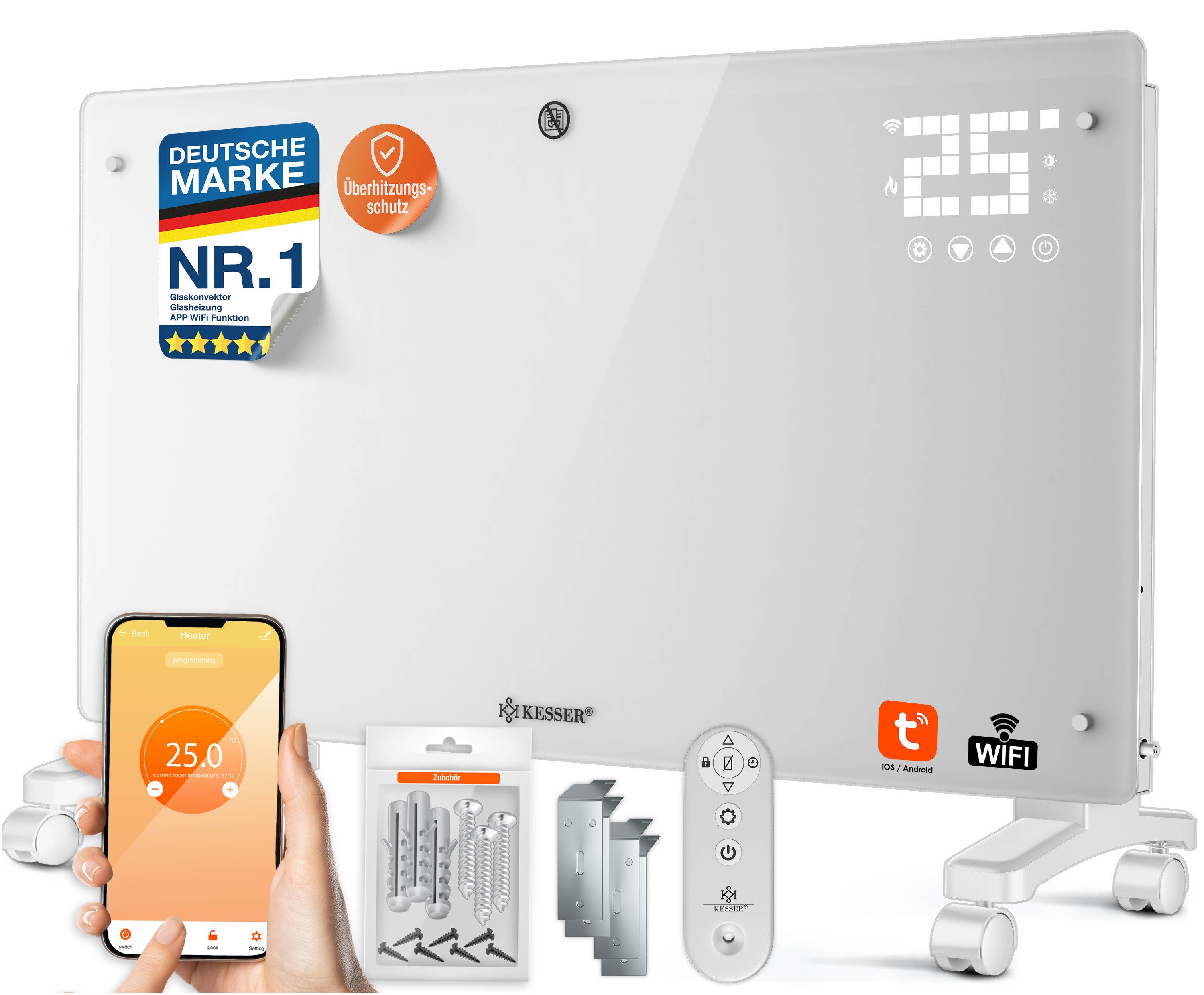 KESSER Heizgerät, 2500 W, Glaskonvektor mit APP, WiFi & Fernbedienung