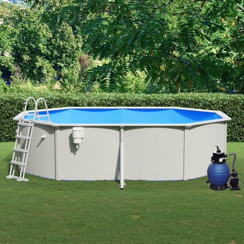 Ovalpool mit Filterpumpe und Leiter aus Metall, Kunststoff in Grau