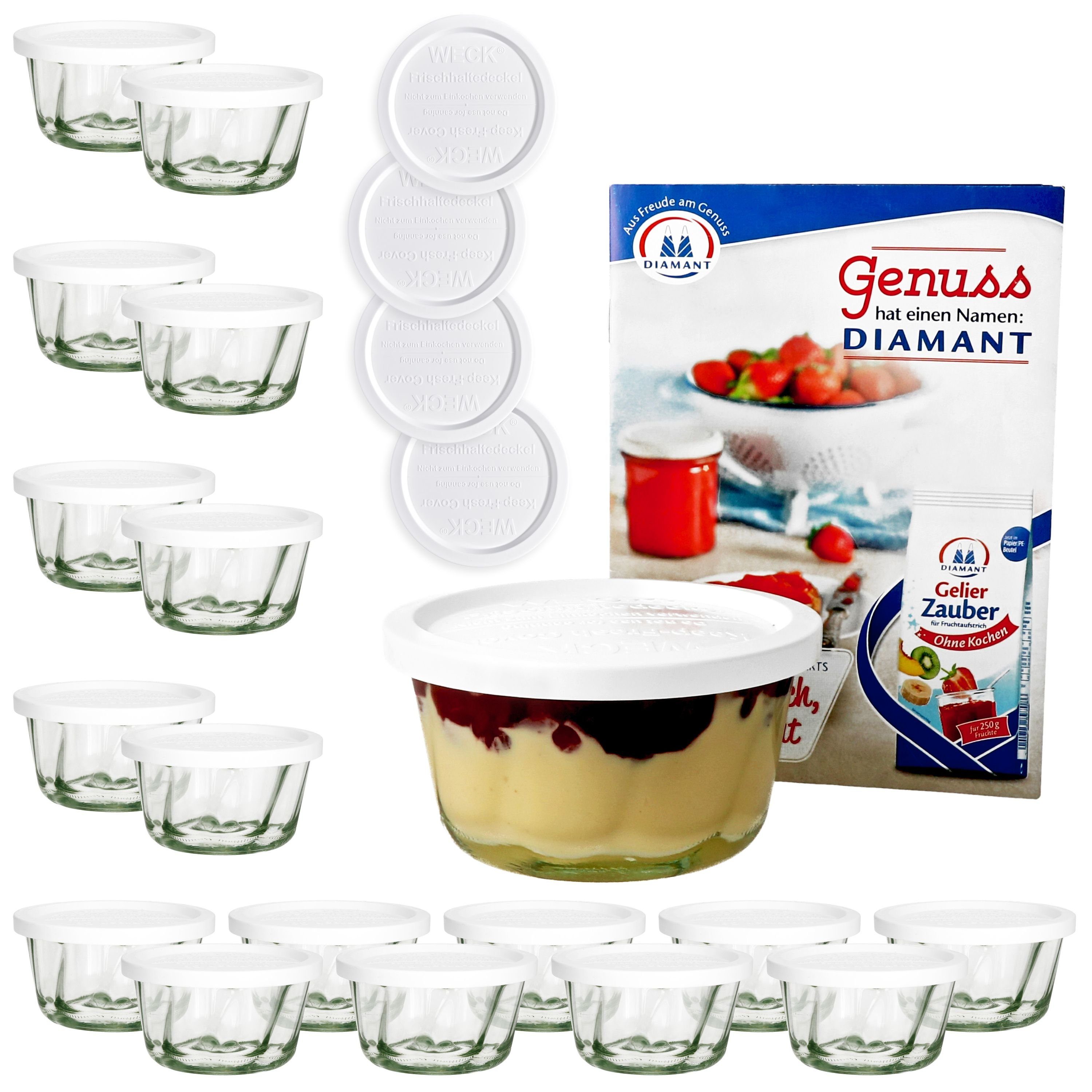 MamboCat Einmachglas 18er Set Weck Gugelhupfglas 280 ml + 18 Frischhaltedeckel Rezeptheft