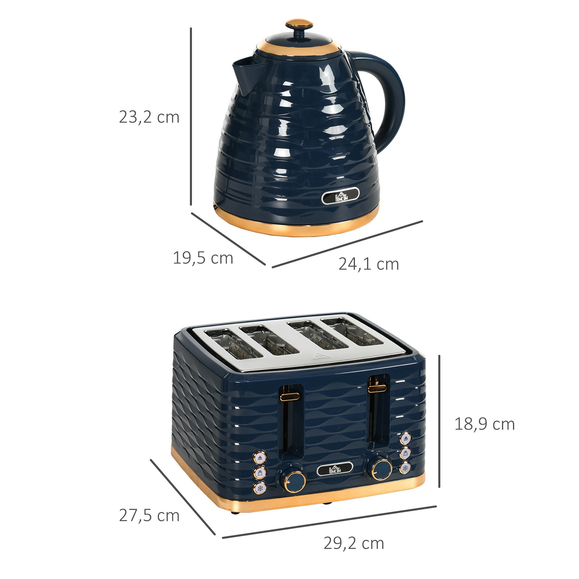 HOMCOM Toaster Frühstück-Set mit 1,7L Wasserkocher, 4 Scheiben Toaster, 4 Schlitze, für 4 Scheiben, 2200 W, Auftau-, Aufwärm- und Krümelschublade, Otter-Thermostat, Blau