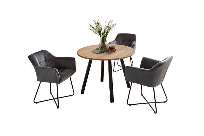 SAM® Essgruppe Widin, Esszimmertisch rund, Massivholz Wildeiche mit 3 Stühlen