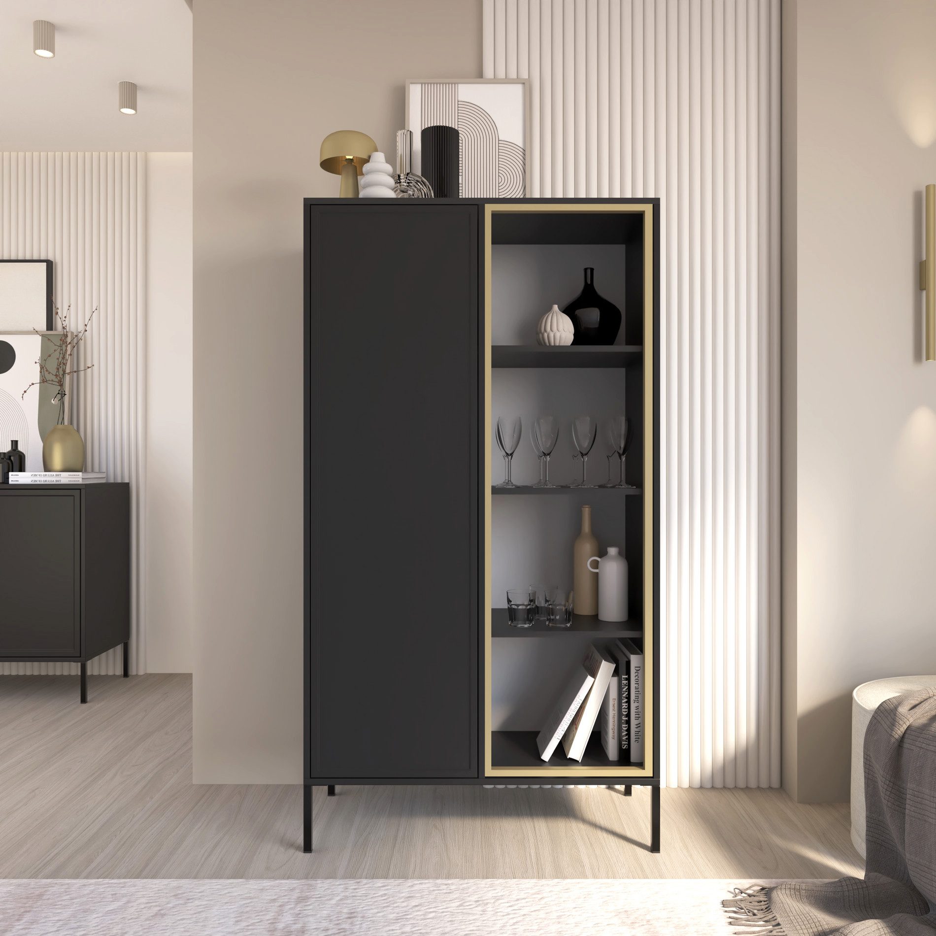 Selsey Standvitrine VELVETO Vitrine in Schwarz, Glastüren & Push-to-Open, 90x40 cm