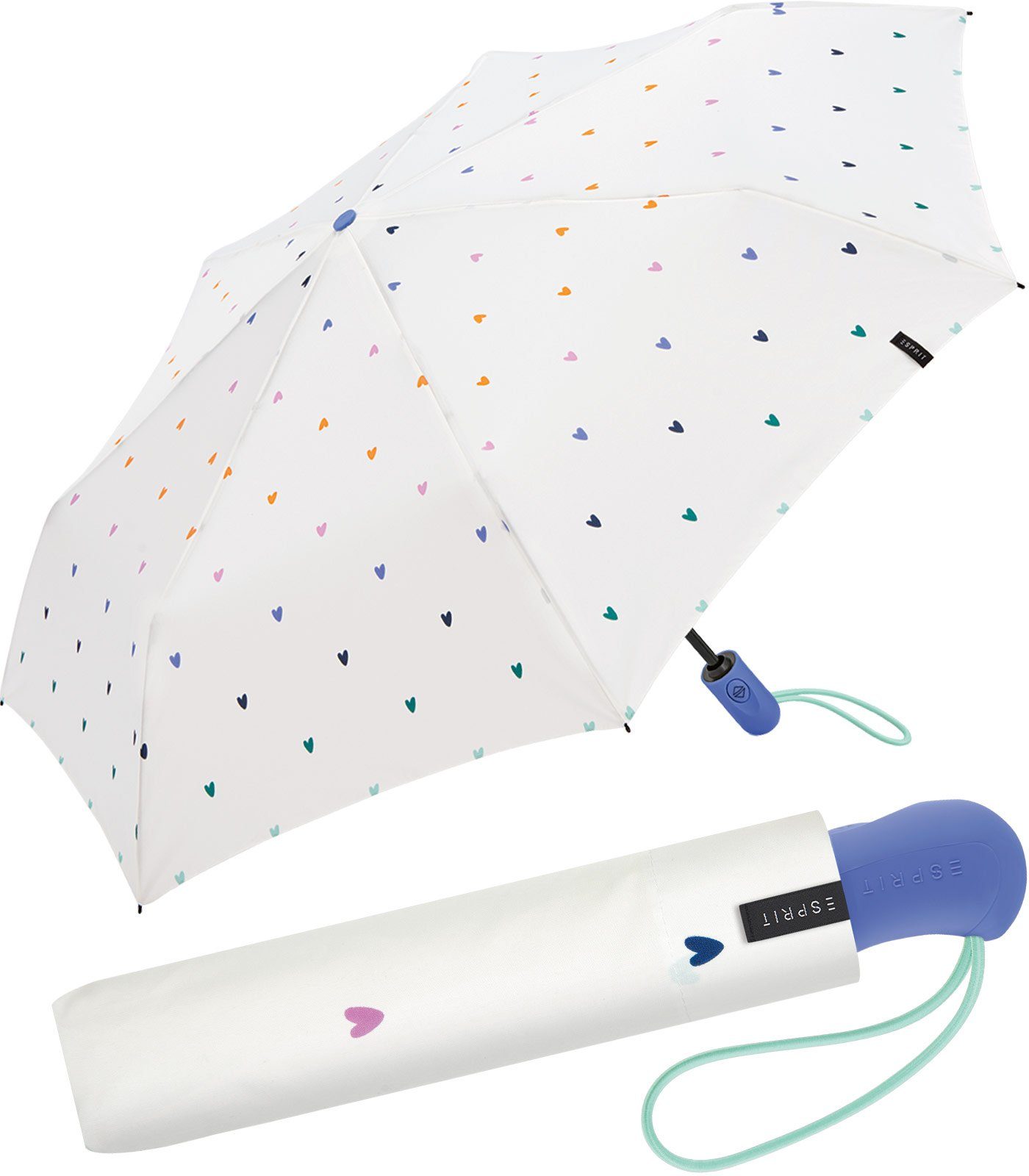 Esprit Taschenregenschirm kleinen, vielen bunten Light Herzen Auf-Zu mit Automatik weiß Easymatic Sweatheart