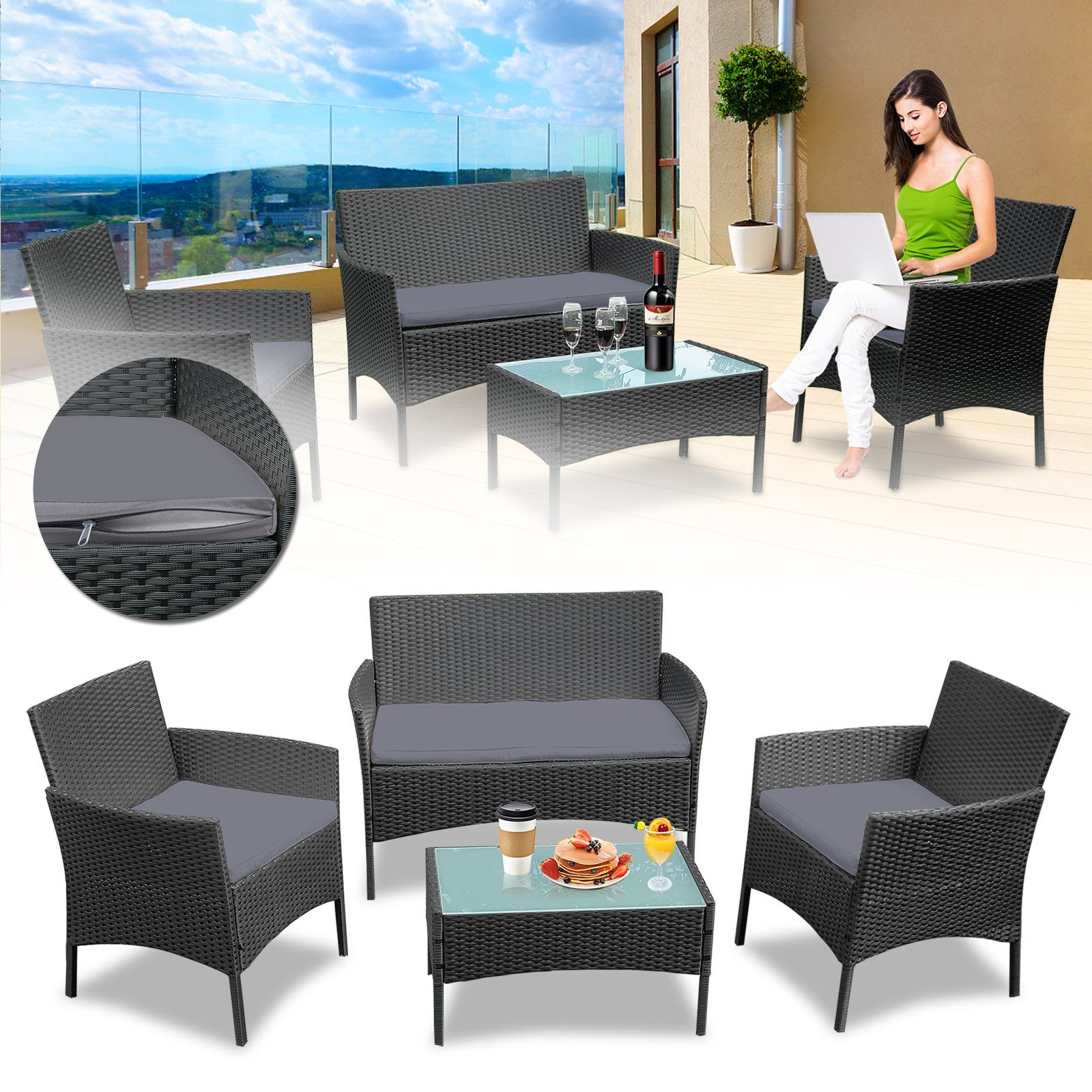 AUFUN GartenloungeSet Balkon Möbel Set Rattan Lounge Set Anthrazit