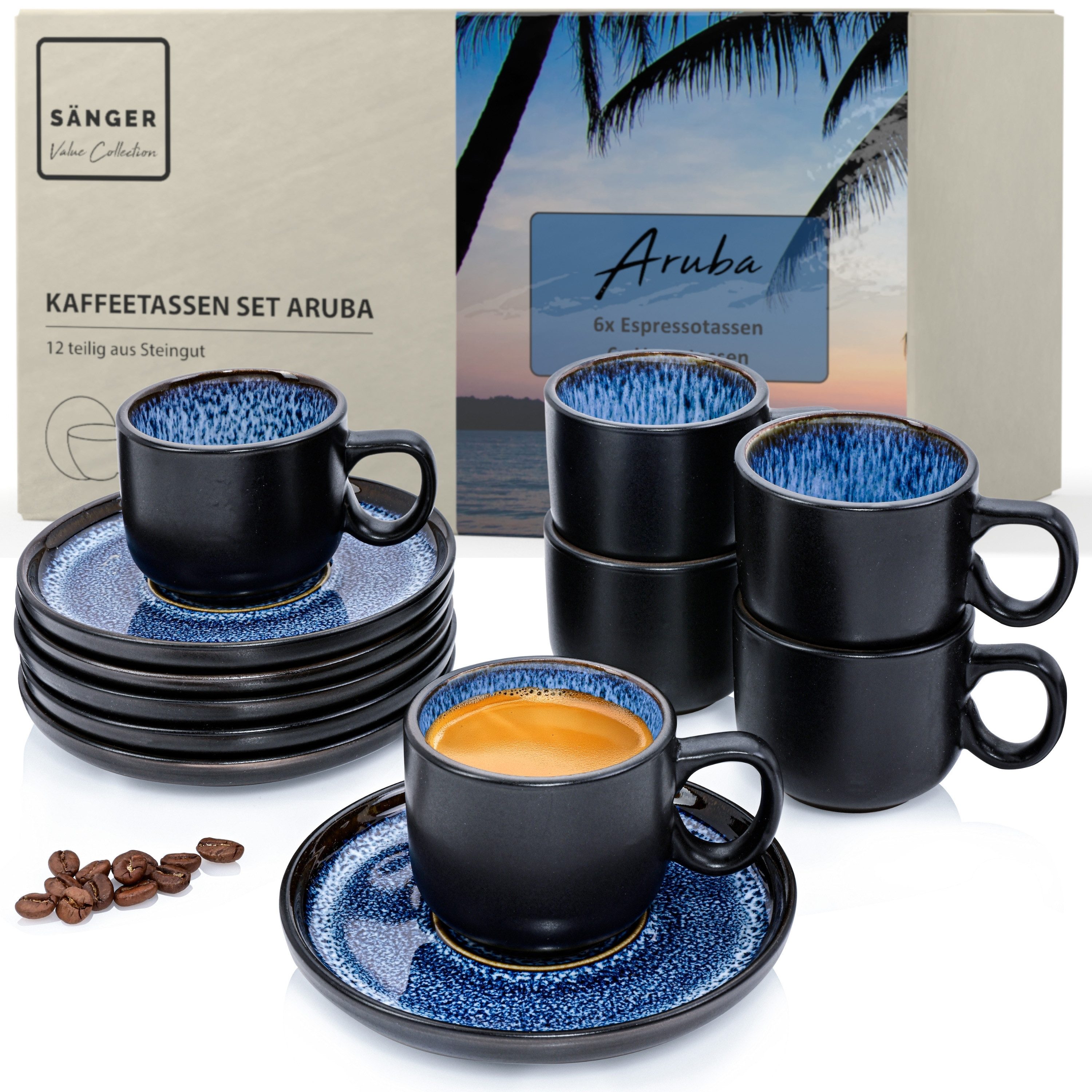SÄNGER Espressotasse Aruba 12 tlg., 8-tlg., Steingut, Blau-Schwarz, Handmade, Erweiterbar, VALUE COLLECTION