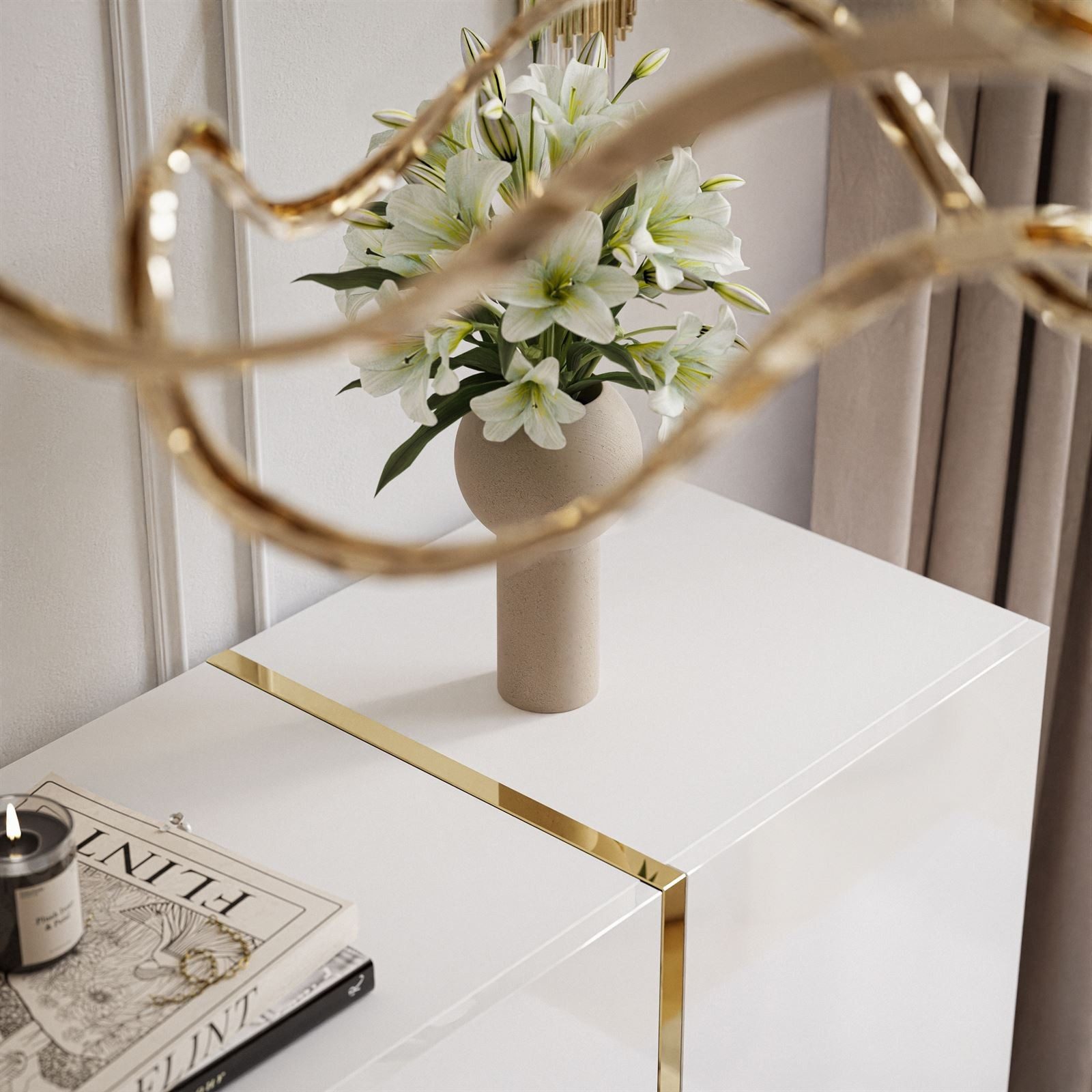 Lookway Kommode ONYX goldene Beine Hochglanz Push-Open / Goldgriffe 158 cm