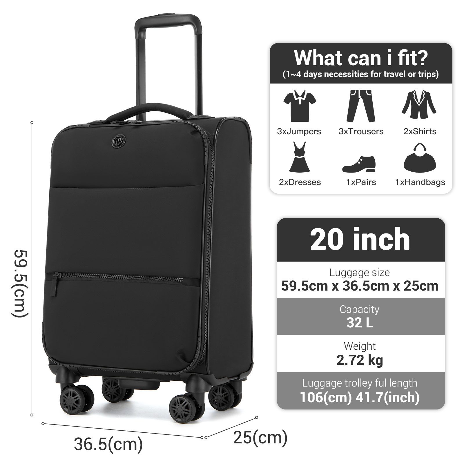 KONO Handgepäck-Trolley Leichtgewicht-Koffer aus Softshell-Material (S/M/L) – Bild 2 von 5