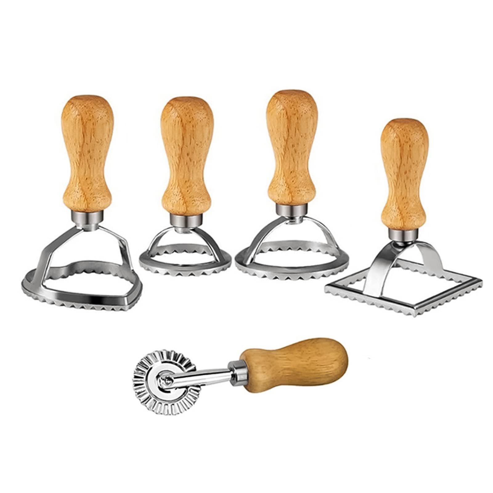 FOUORTUNATE-BEE Ravioliform Teigschneider & Ravioli Former Set 5-teilig mit Holzgriff, Dumpling Cutter Set mit Teigrad für Küche & Backen