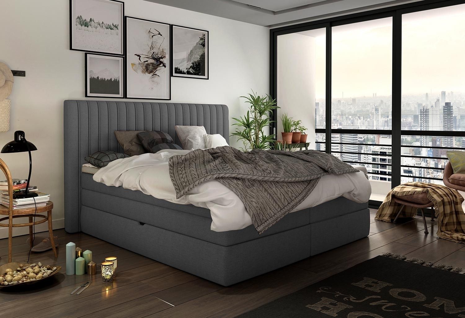 LIV'IN Boxspringbett ARONA, 180 x 200 cm, Dunkelgrau, Webstoff, mit 2 Bettkästen