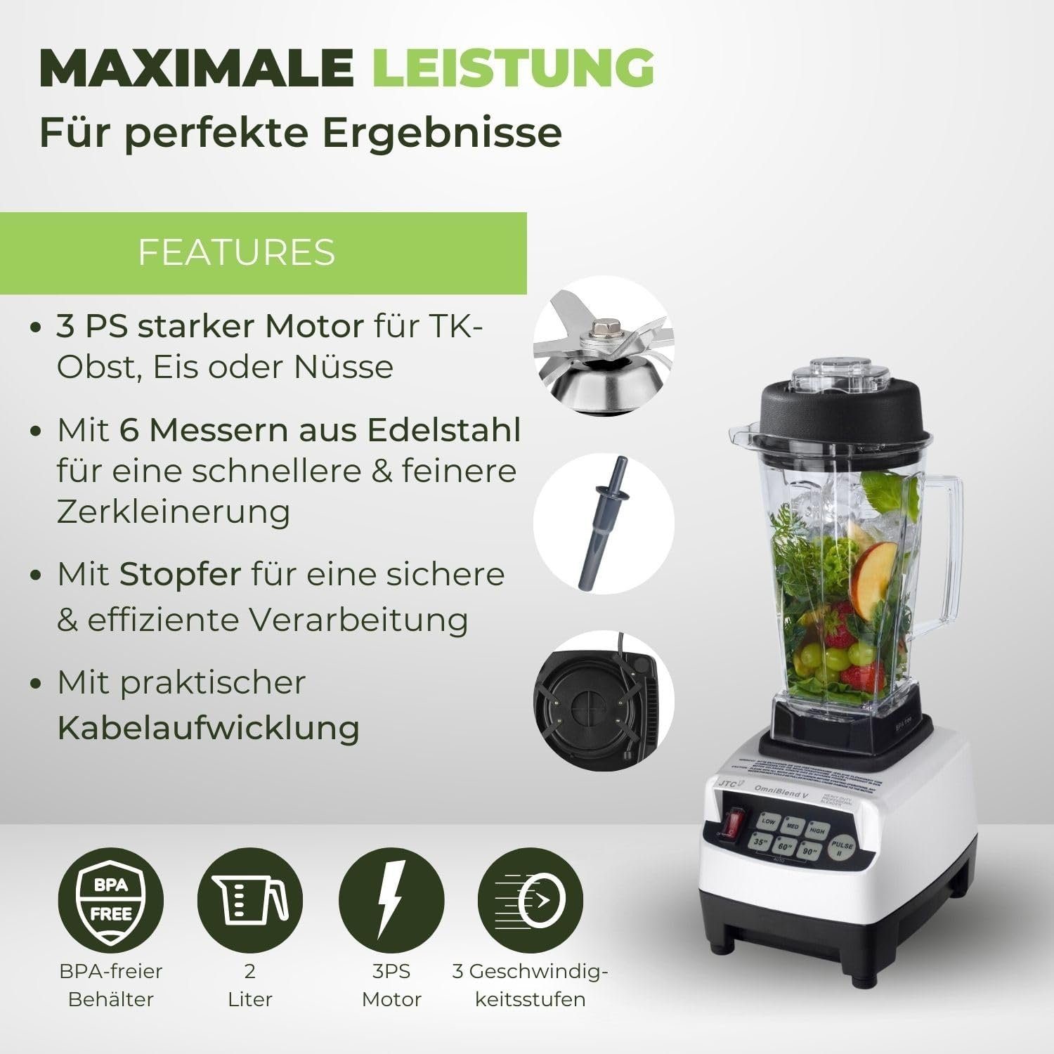OmniBlend Standmixer JTC Omniblend V TM-800 Hochleistungsmixer Standmixer Smoothiemaker, 1200,00 W