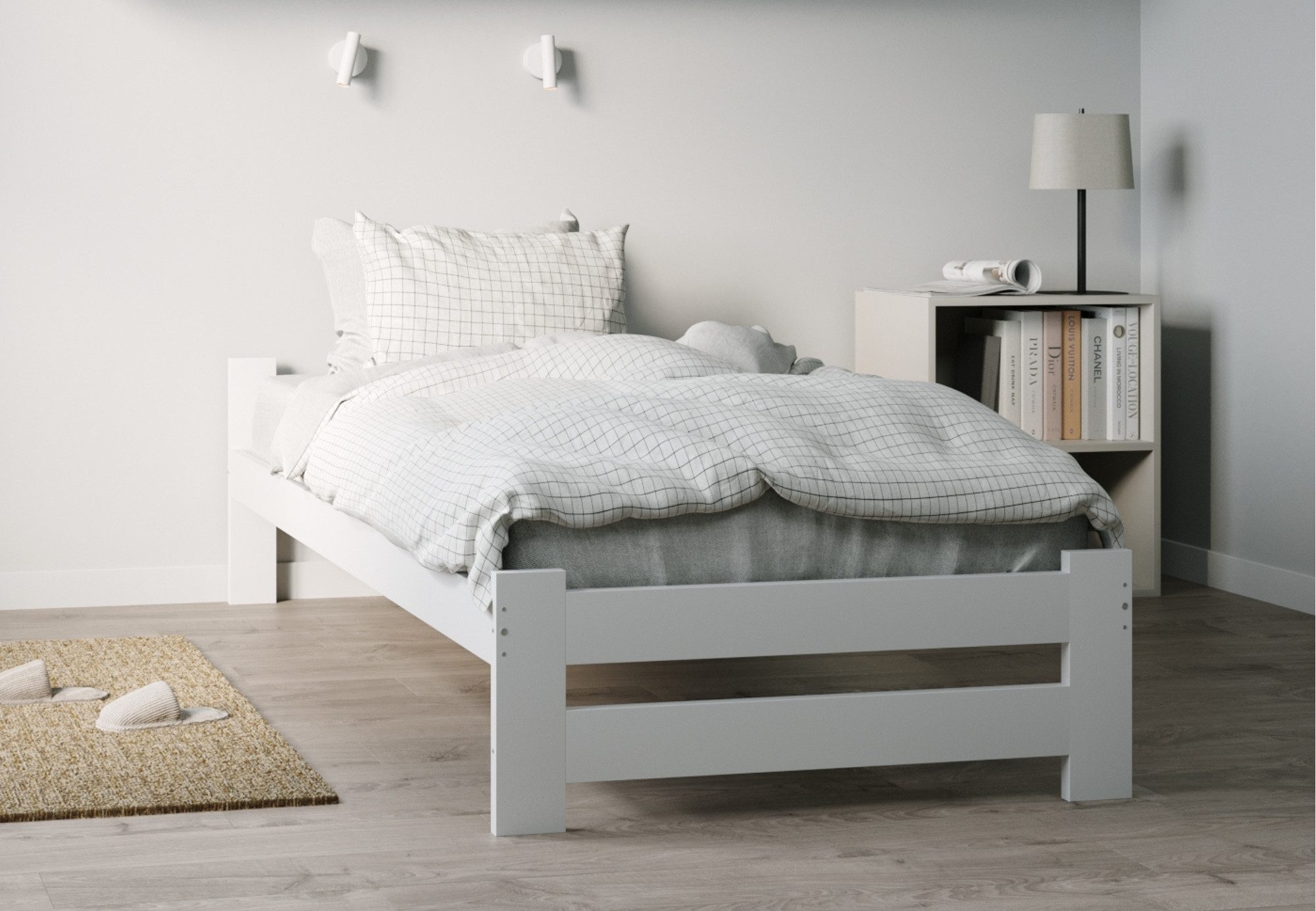 Home Collective Holzbett mit Lattenrost Modern Bett Kiefer Bettgestell Massivholzbett Klassisch (90x200, 120x200, 140x200, 160x200 cm), Einzelbett, Skandi Boho Landhaus Kopfteil flach 90x200 cm weiß