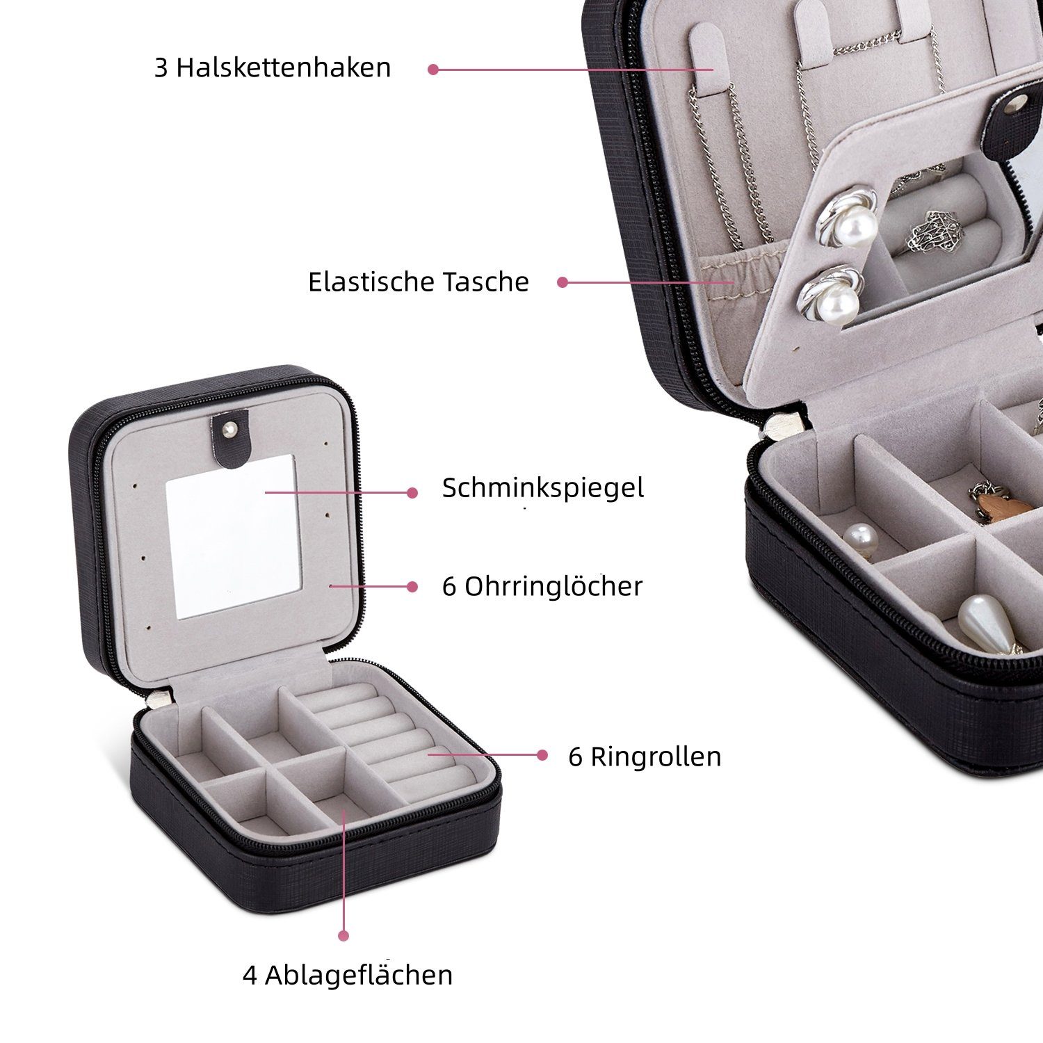 Mini tragbar, mit Aufbewahrungskasten, schwarz Spiegel Meerveil Schmuckkasten