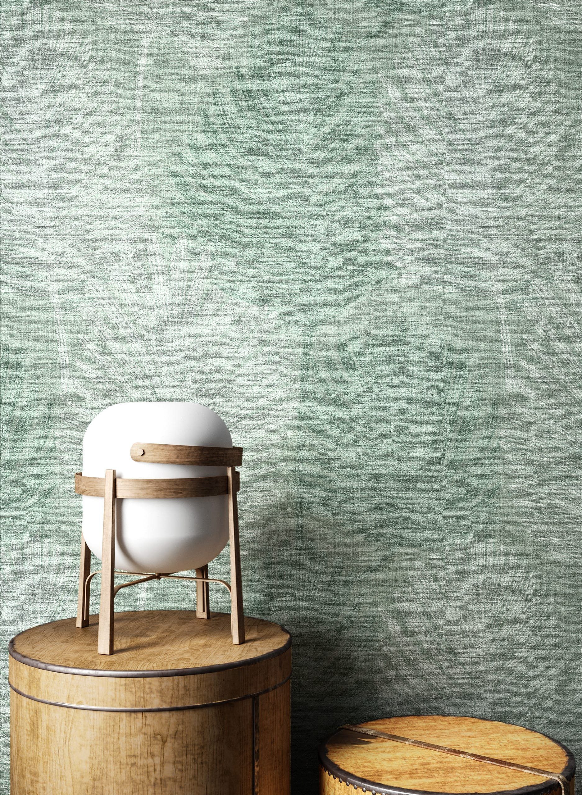 Newroom Vliestapete Vedran Sage Tapete Glanztapete Palmenblätter,Pflanze,Leicht glänzend, Grün Tapete Modern Palmenblätter - Glanztapete Mustertapete Salbei Silber Tropisch Floral Pflanze Leicht glänzend für Schlafzimmer Wohnzimmer Küche, Mustertapete