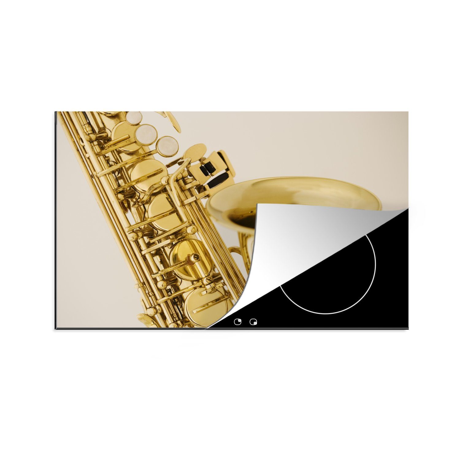 MuchoWow Herdblende-/Abdeckplatte Nahaufnahme eines goldenen Saxophons, Vinyl, (1 tlg), 81x52 cm, Induktionskochfeld Schutz für die küche, Ceranfeldabdeckung