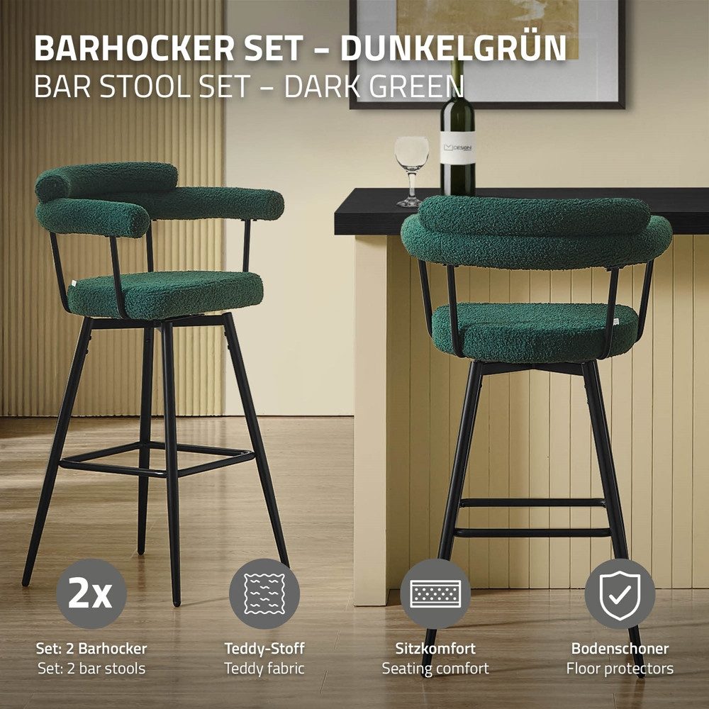 ML-DESIGN Barhocker Gepolsterter Barstuhl mit Rückenlehne und Fußstütze, 360° drehbar (2 St), 2er Set Bistrohocker aus Teddy-Stoff, Drehstuhl Hocker Tresenhocker