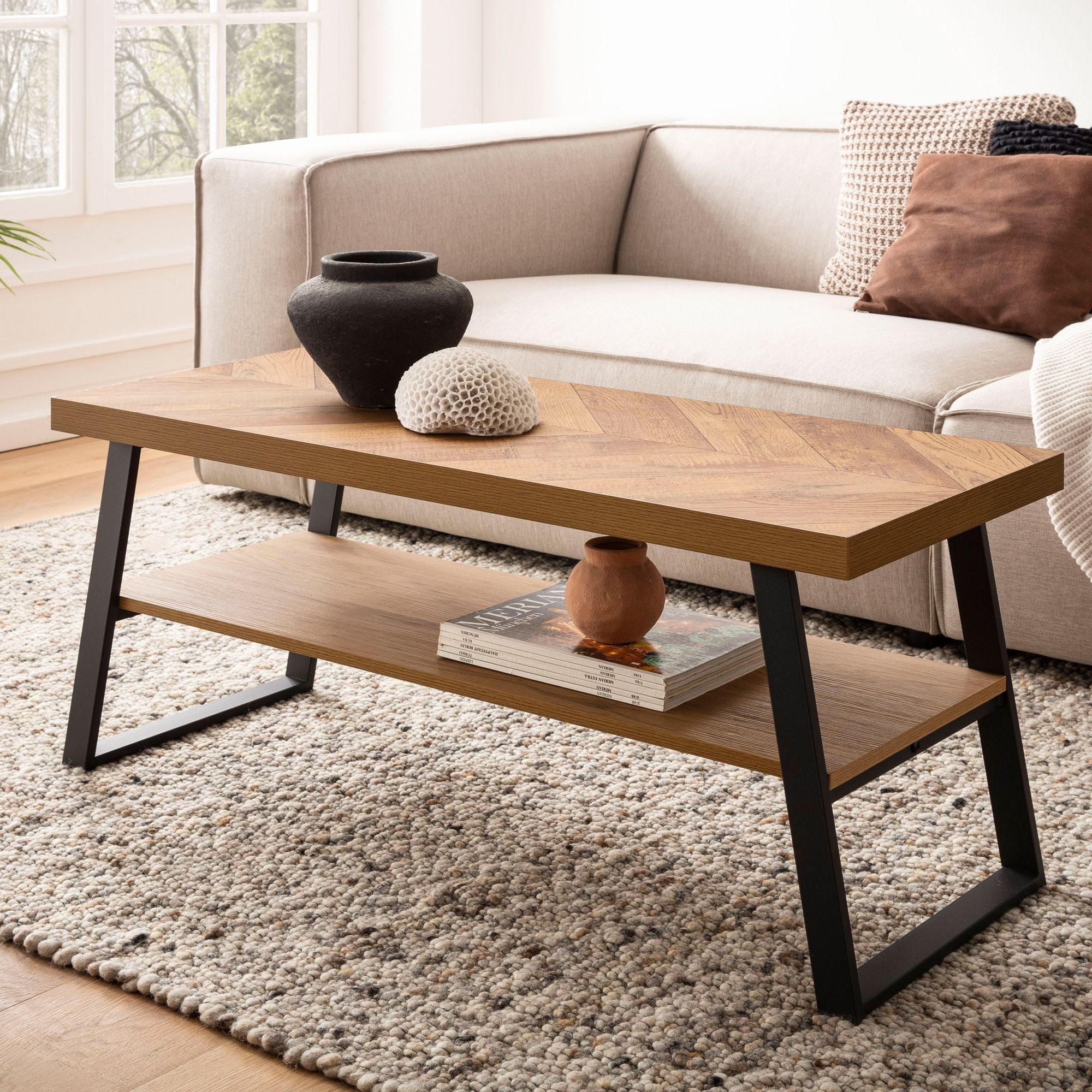 FINEBUY Couchtisch FB104749 Sofatisch 100 cm Braun Fischgrät Wohnzimmertisch Ablage (Fischgrät-Muster 100x40x41 cm, Tisch mit Ablage), Großer Wohnzimmertisch, Sofatisch Metallgestell