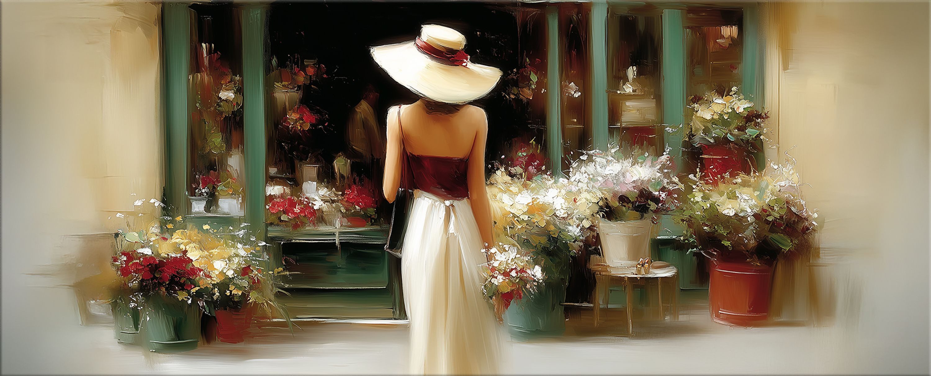 artissimo Glasbild Glasbild XXL 125x50 cm Bild aus Glas Panoramaformat Wanddeko modern, Figruativ: Frau vor Blumenladen