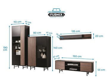 Furnix Wohnwand PRIGGI 4-teilige Möbelwand mit Metallgestell, (TV-Schrank, Vitrine, Highboard, Wandregal)