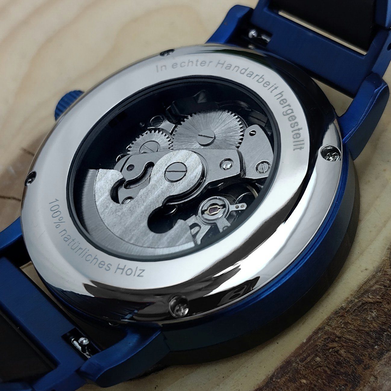 Automatikuhr Uhr, Holz Herren blau, matt COLDITZ weiß, Edelstahl Armband schwarz Holzwerk &